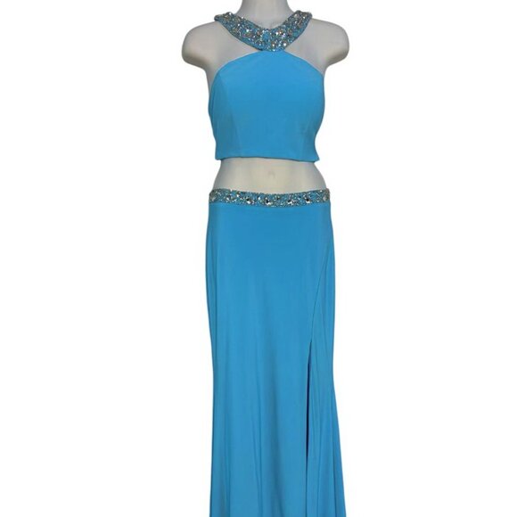 Ieena For Mac Duggal Ocean Blue Rhinestone Bordered Two Piece Gown - Picture 1 of 4